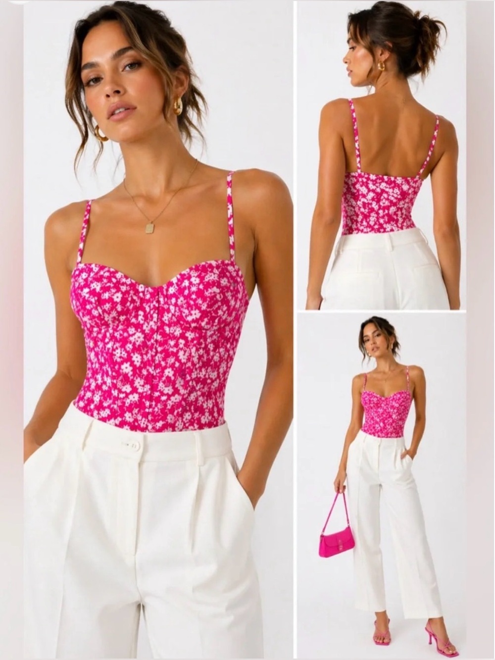 Zara Corset Bodysuit Ruched Bust Adjustable Straps Floral Womens XS Pink Barbie